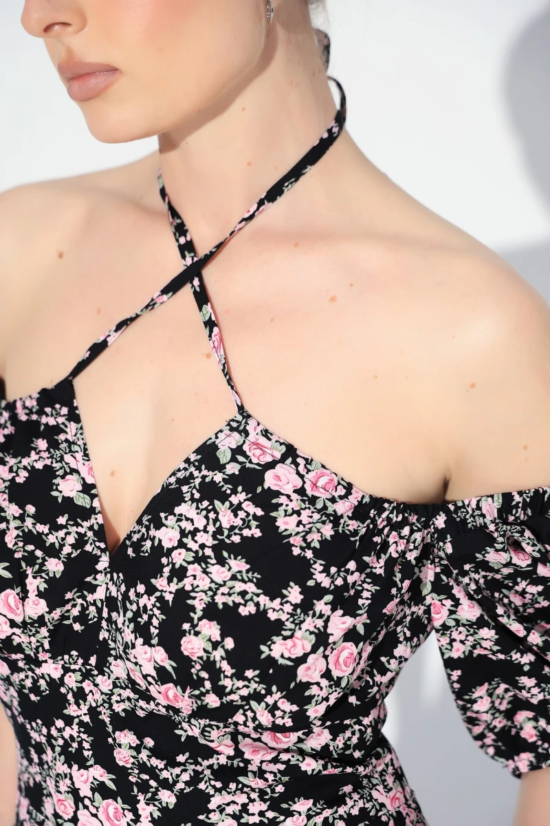 Dress with pink flowers print on black