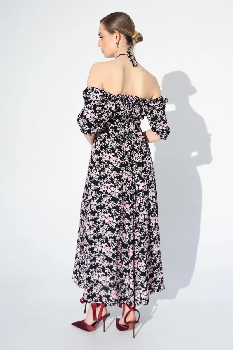 Dress with pink flowers print on black