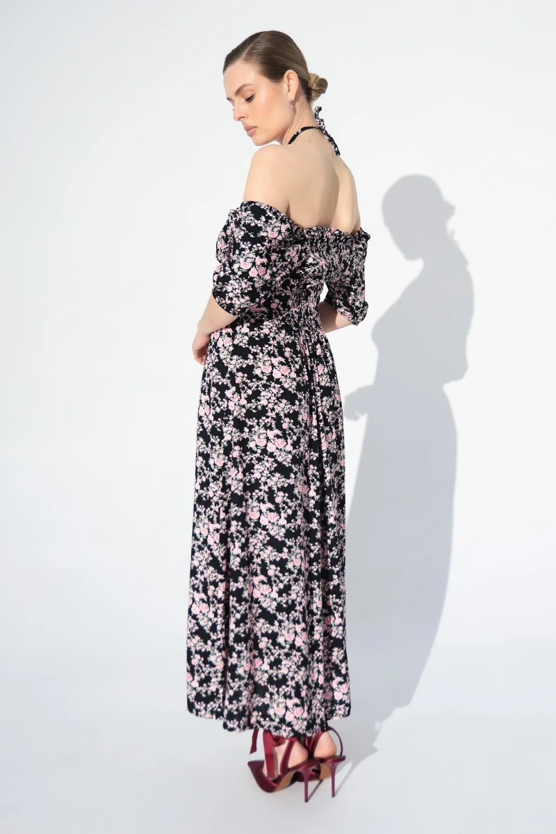 Dress with pink flowers print on black