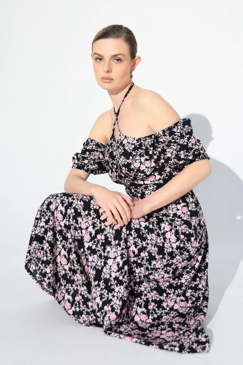 Dress with pink flowers print on black
