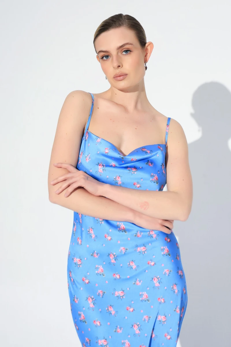 Pink roses on blue combination dress