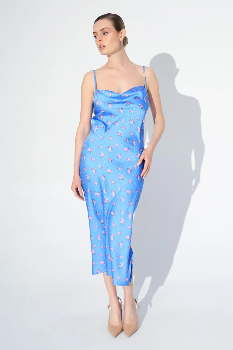 Pink roses on blue combination dress