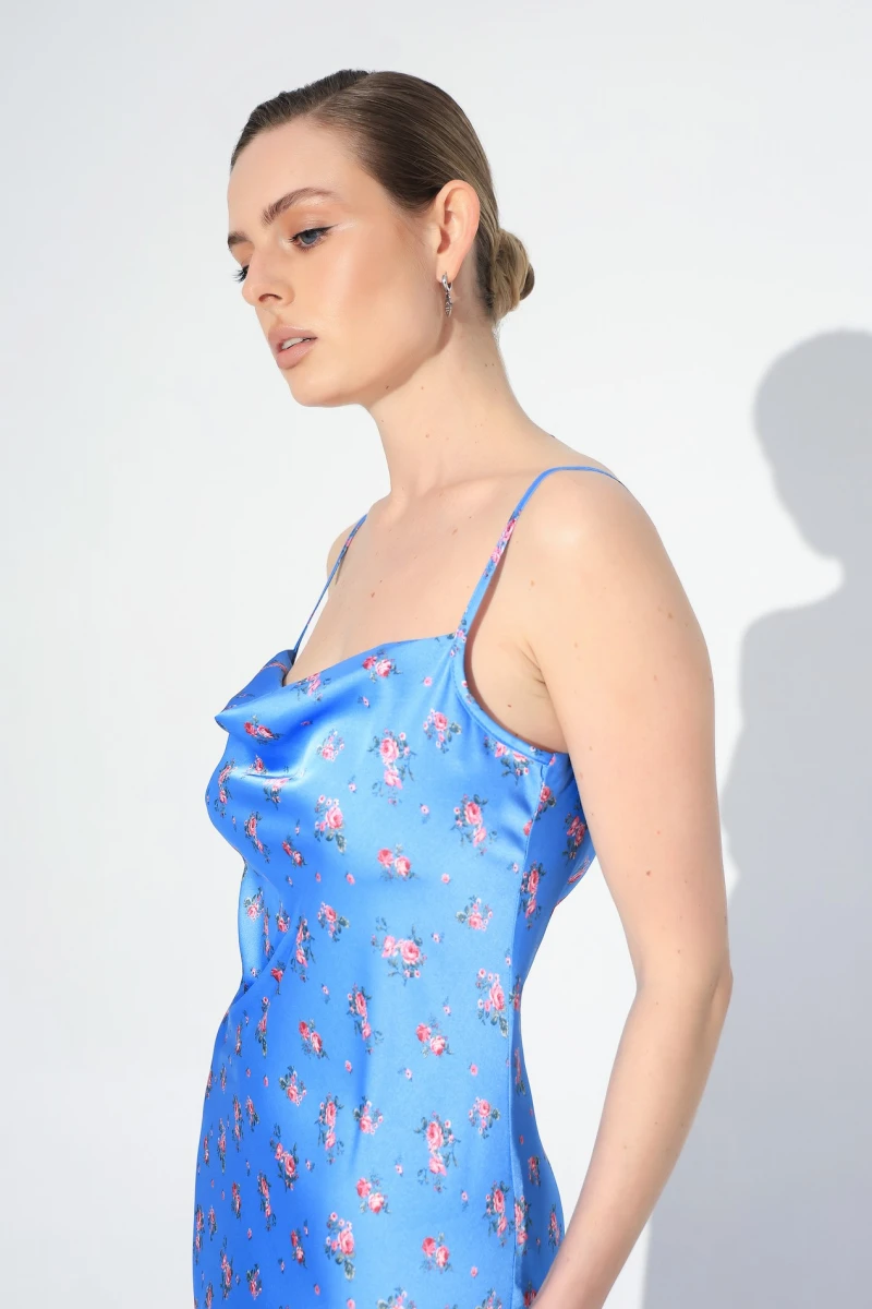 Pink roses on blue combination dress