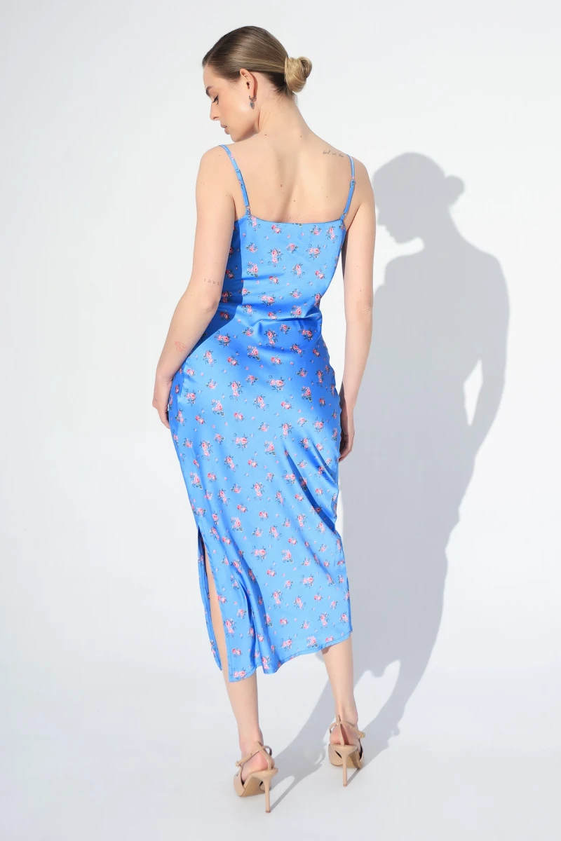 Pink roses on blue combination dress