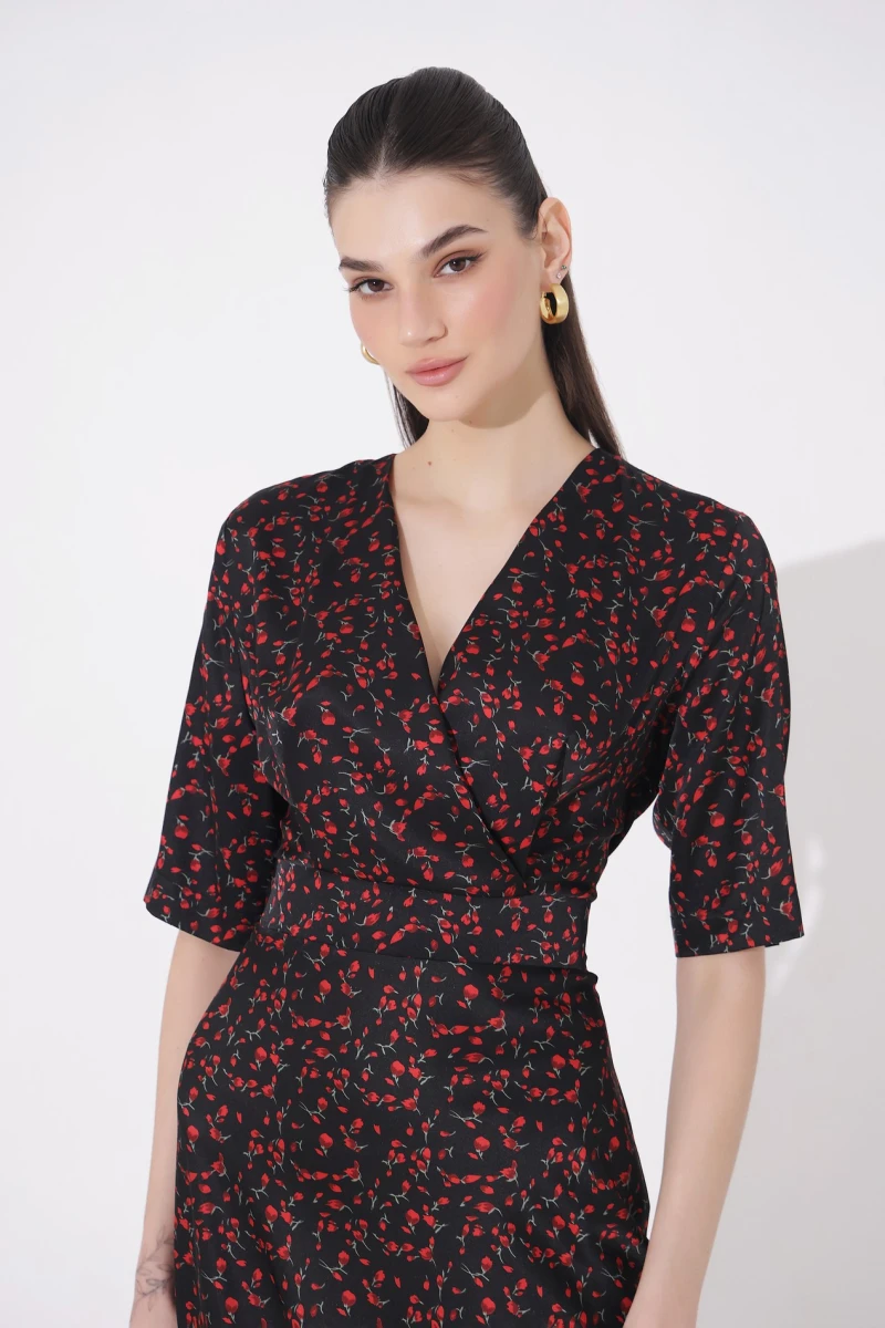 Midi dress red tulips on black