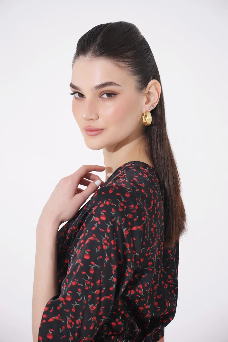 Midi dress red tulips on black