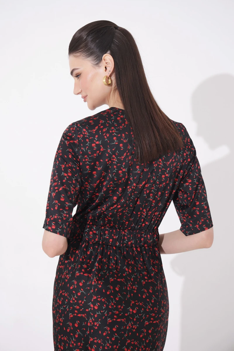 Midi dress red tulips on black
