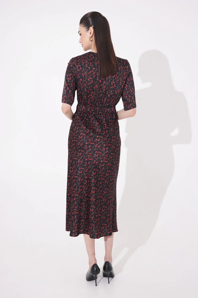 Midi dress red tulips on black