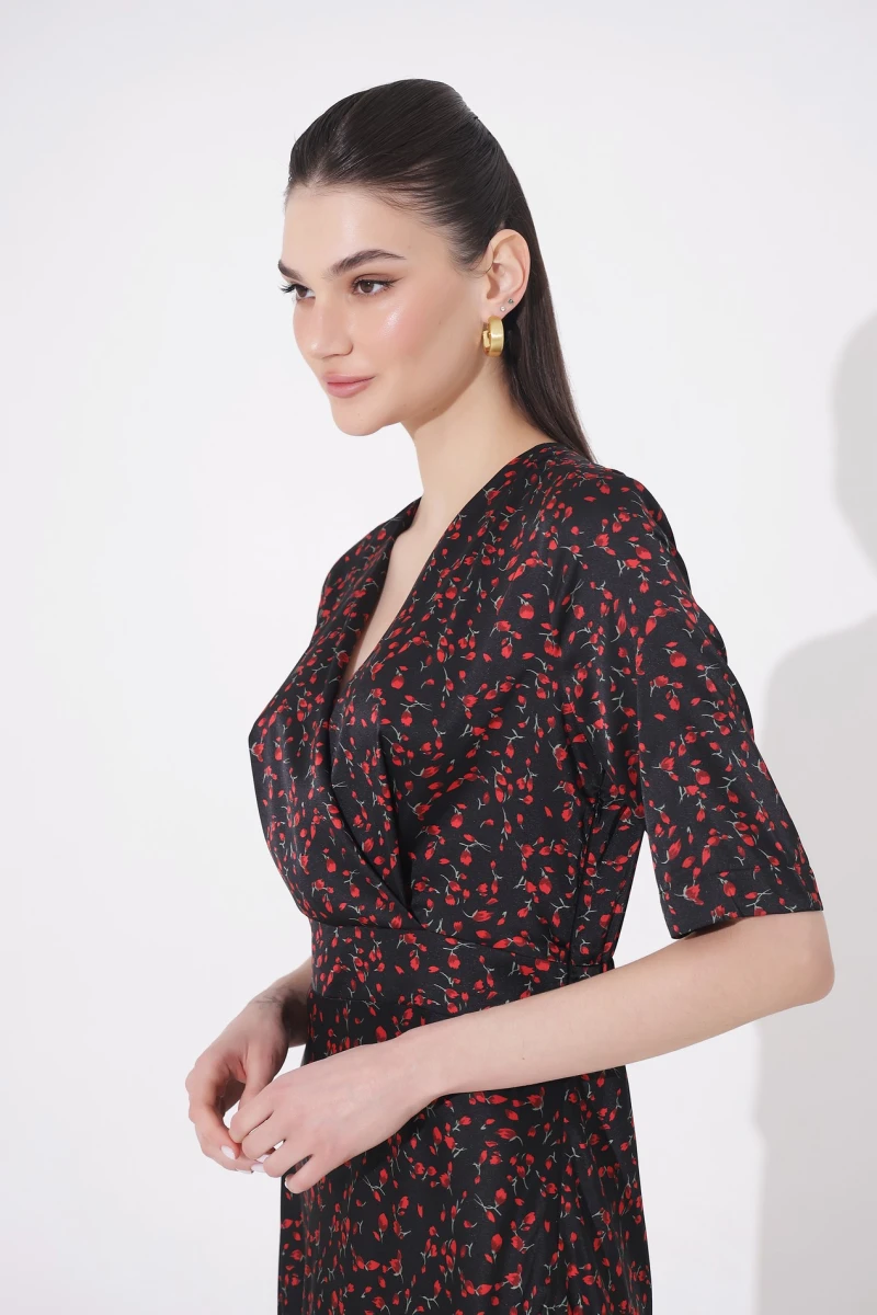 Midi dress red tulips on black