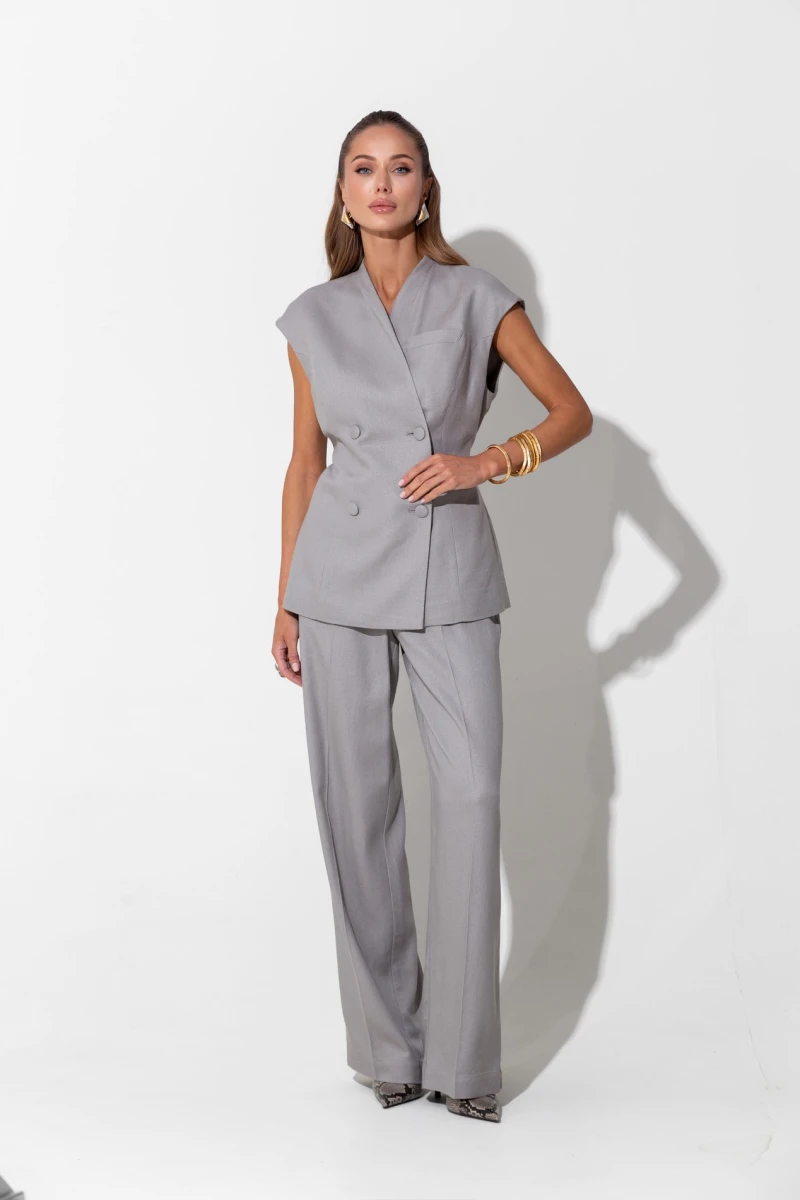Gray straight linen trousers