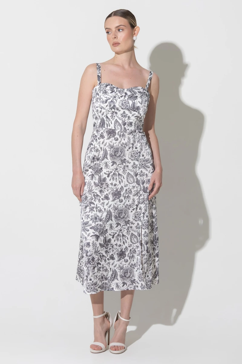 Strapless sundress with black print on milky