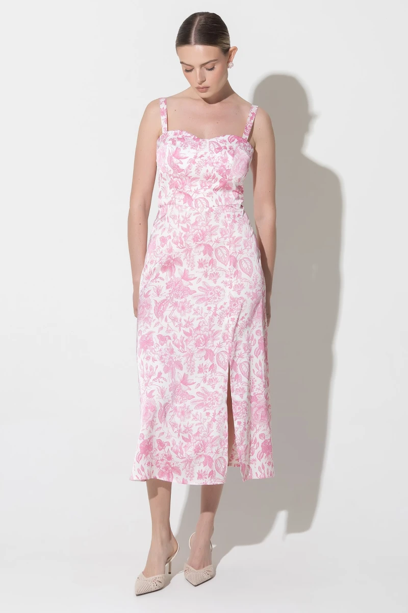 Strapless sundress with pink print on milky
