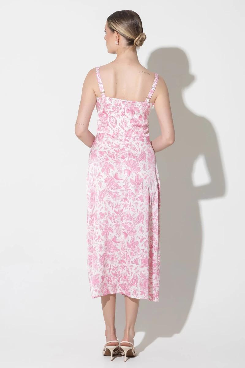 Strapless sundress with pink print on milky