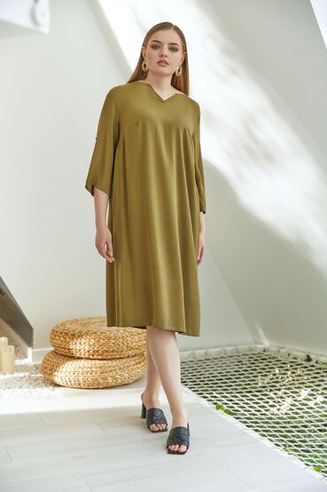 Olive V-neck staple cotton dress #2