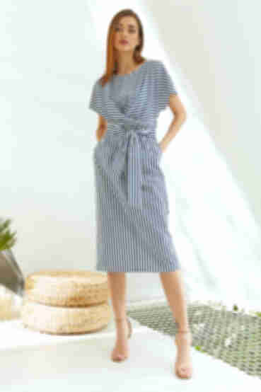 Cotton waistband dress in blue stripes