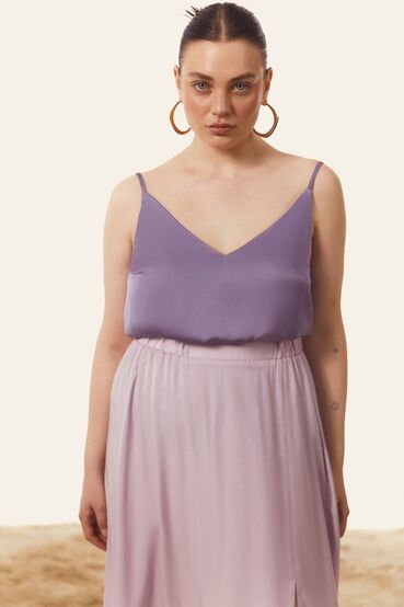 Dark lavender spaghetti strap top made of artificial silk plus size