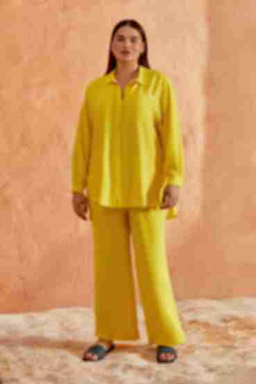Yellow suit with blouse and palazzo trousers made of crushed viscose plus size