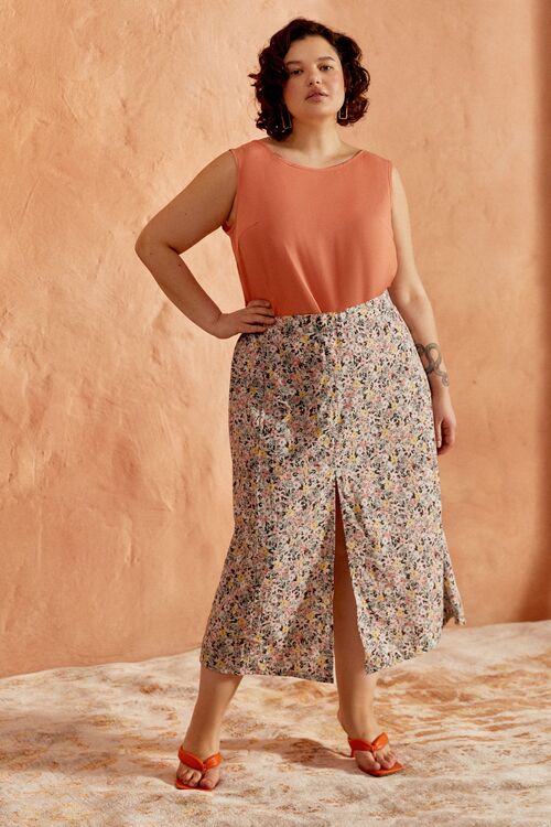 Graphite midi skirt with slit in floral print made of soft rayon plus size