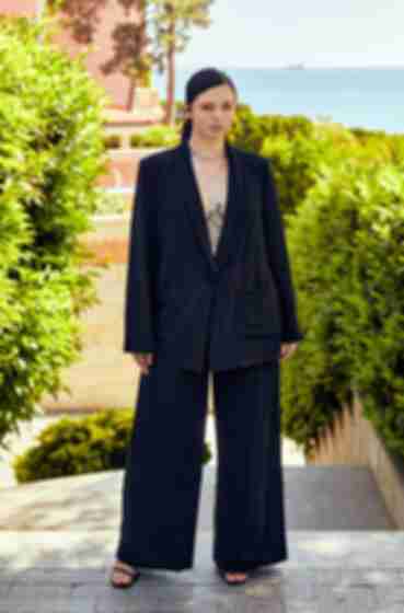 Black eco linen suit with oversize jacket and palazzo trousers plus size