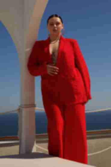 Костюм жакет оверсайз та брюки палацо еко-льон червоний великий розмір