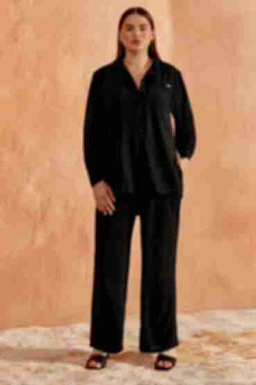 Костюм блуза и брюки палаццо вискоза жатка черный большой размер