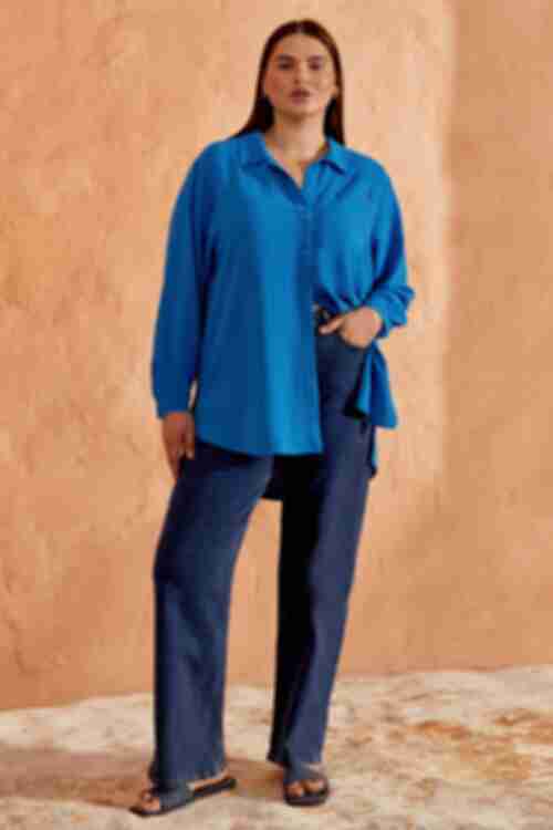 Blue blouse made of crushed viscose plus size