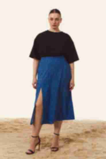 Blue midi printed skirt with slit plus size