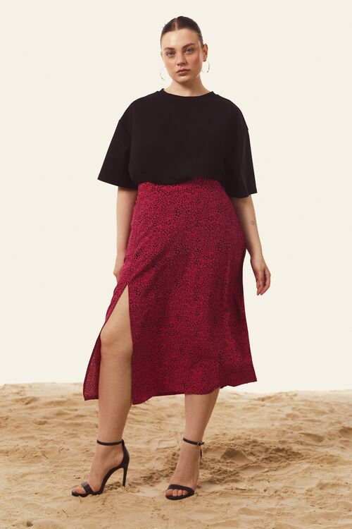 Fuchsia midi printed skirt with slit plus size