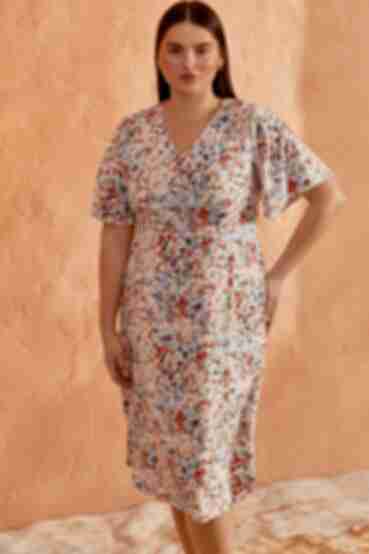 Beige midi A-line dress made of staple cotton plus size