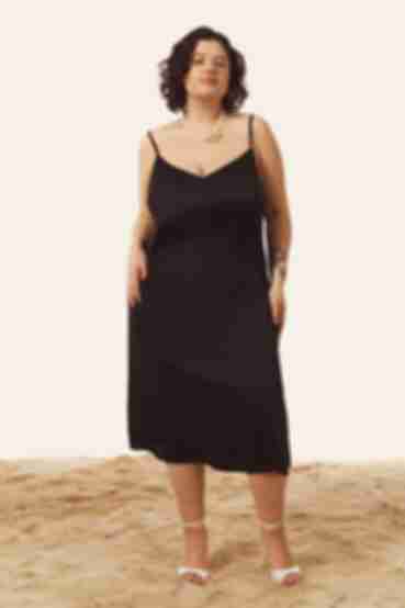 Платье комбинация миди искусственный шелк черное большой размер