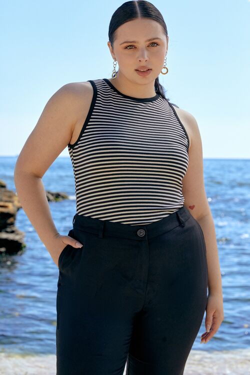 T-shirt knit rib black stripe plus size