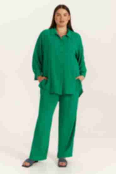 Костюм блуза и брюки палаццо вискоза жатка зеленый большой размер