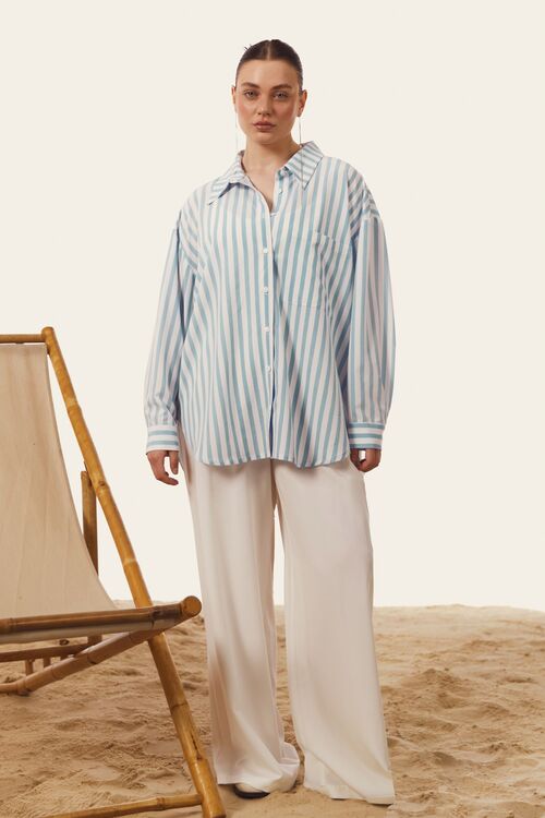 Soft rayon shirt in sky blue and milky stripes plus size