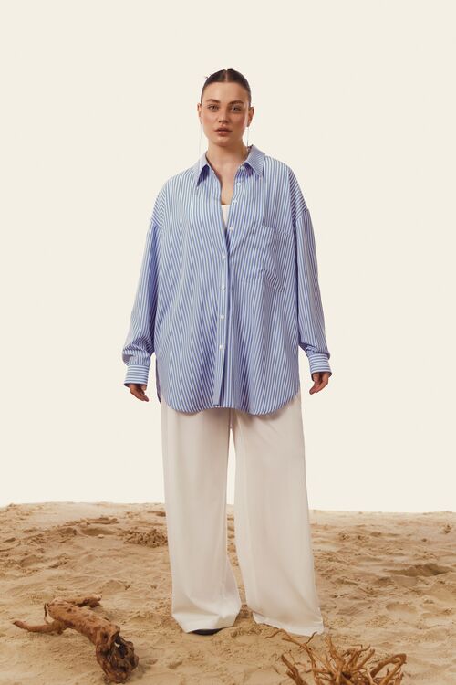 Soft rayon shirt in light blue and milky stripes plus size