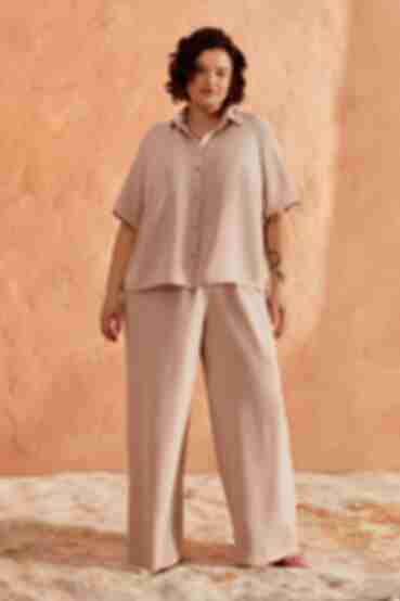 Suit blouse with short sleeves and palazzo pants viscose beige plus size