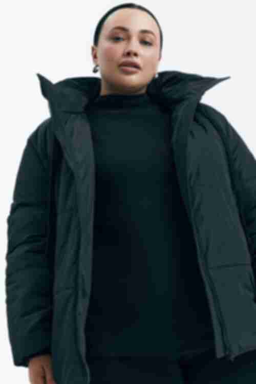 Short jacket with a hood made of black raincoat fabric plus size