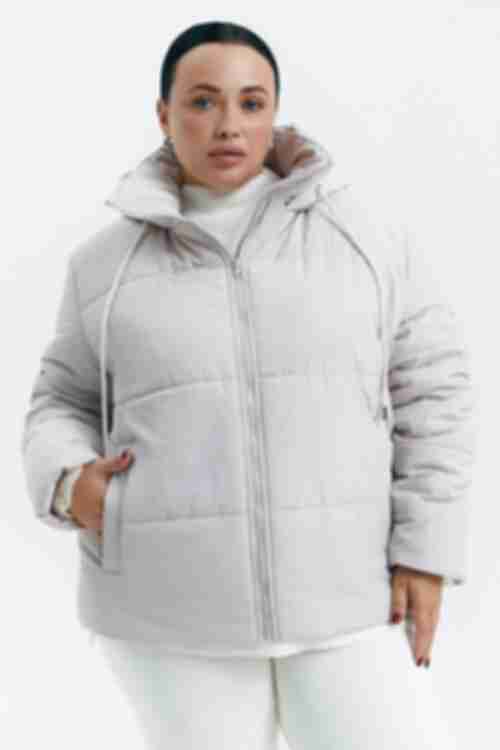 Short jacket with a hood made of crema raincoat fabric plus size