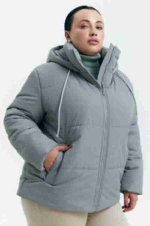 Short jacket with a hood made of gray-olive raincoat fabric plus size