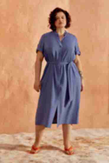 Платье-рубашка миди со стойкой штапель деним большой размер