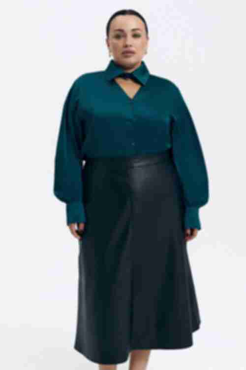 Blouse with a collar artificial silk dark turquoise plus size