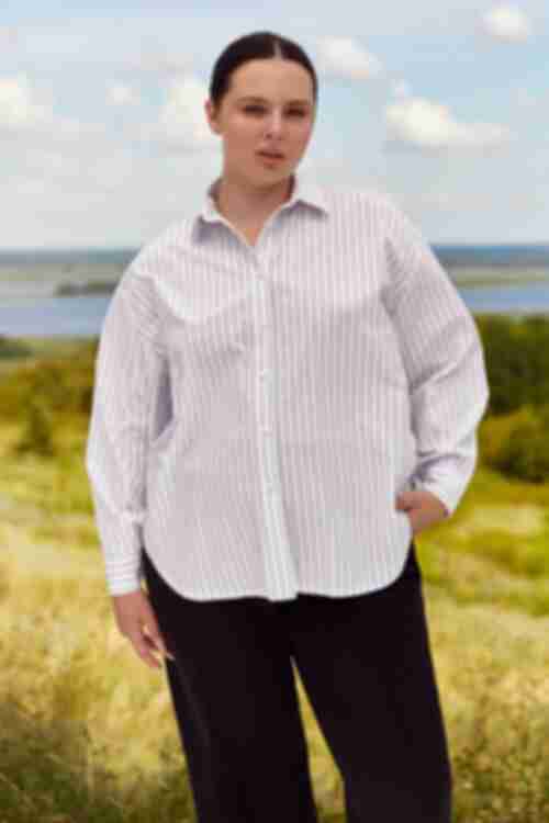 Shirt oversized cotton blue striped on white plus size