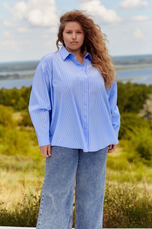 Oversized cotton shirt with white stripes on the sky plus size