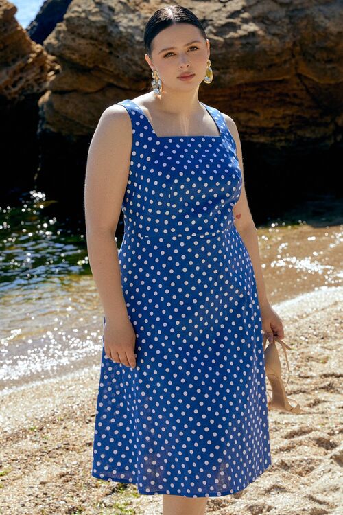 Sundress on wide straps with trapeze skirt linen milk pea on blue plus size