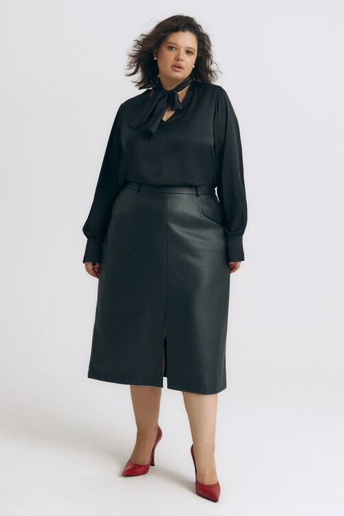 Skirt with a midi slit made of eco-leather black  plus size 