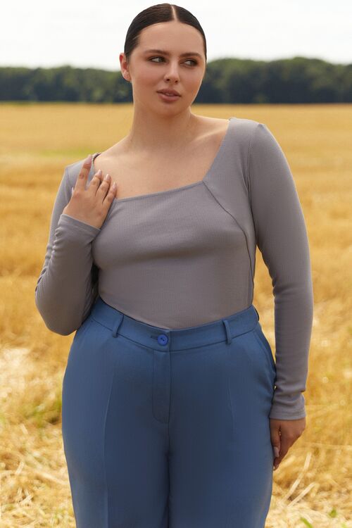 Long sleeves with a cutout neckline knit ribbing  grey plus size