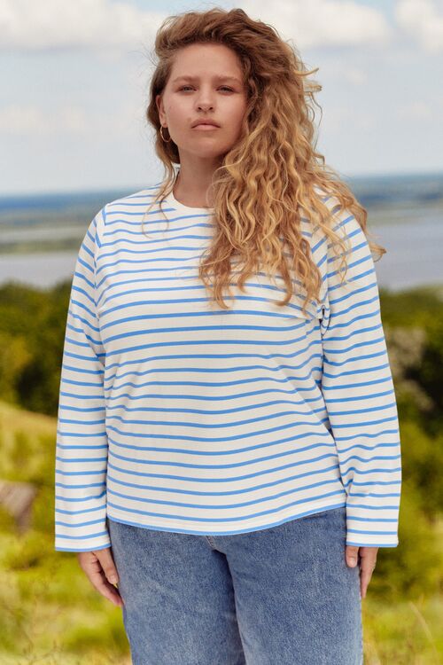 Blue stripe knit bodysuit on white plus size