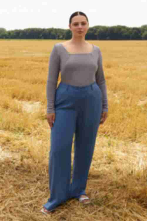 Pants with a belt and slits denim suit fabric plus size