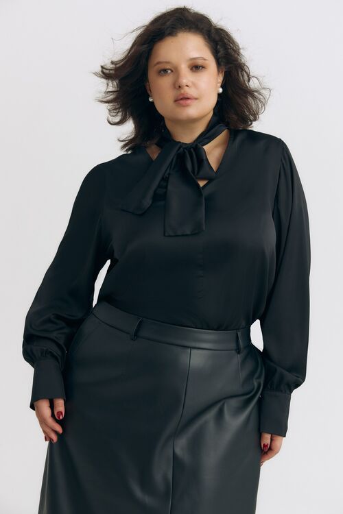 Blouse with a V-neckline and tie artificial silk black plus size 