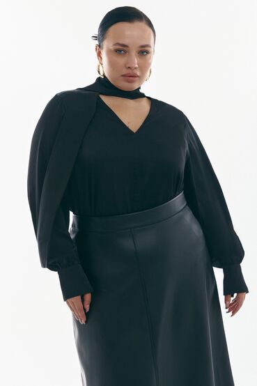 Blouse with a V-neckline and tie artificial silk black plus size 