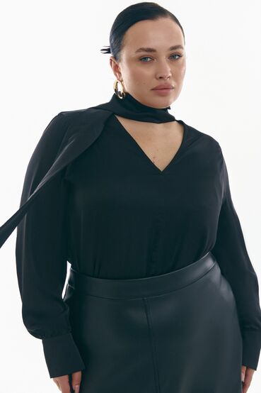 Blouse with a V-neckline and tie artificial silk black plus size  #2